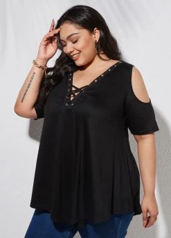 Plus Size Lace Up Cold Shoulder T Shirt -Modlily 263411 P 16129431605782