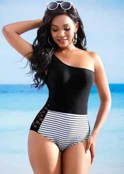 Lace Stitching Striped Tie Shoulder One Piece Swimwear -Modlily 263431 P 16156136219743