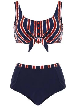 Bowknot Striped High Waisted Bikini Set