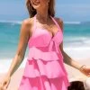 Hot Pink Layered Ruffle Hem Halter Swimdress And Panty