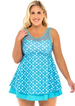 Plus Size Mesh Stitching Polka Dot Swimdress And Shorts -Modlily 264249 P 16145893971582