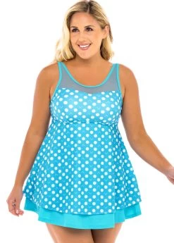 Plus Size Mesh Stitching Polka Dot Swimdress And Shorts