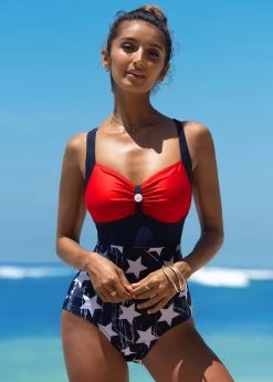 Center Shirred American Flag Print One Piece Swimwear -Modlily 264416 P 16165688354100