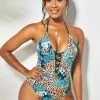 Leopard Lace Up Halter One Piece Swimwear