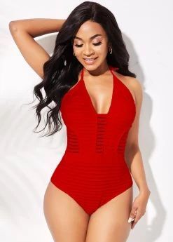 Halter Ladder Cutout Red One Piece Swimwear -Modlily 264686 P 16323655471264