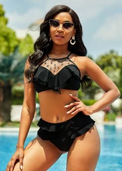 Lace Up Mesh Stitching Flounce Bikini Set