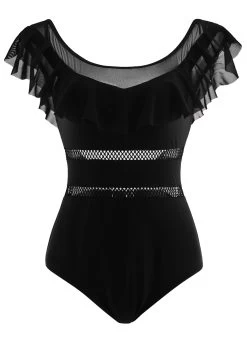 Solid Ruffle Trim One Piece Swimwear