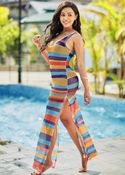 Rainbow Stripe Side Slit Cover Up -Modlily 265612 P 16143331276170
