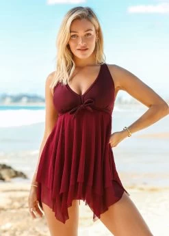 Asymmetric Hem Solid Bowknot Swimdress And Panty -Modlily 265851 P 16230301445264