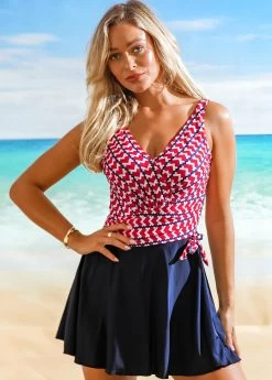 Heart Print Tie Side Swimdress And Shorts -Modlily 265994 P 16173405058561