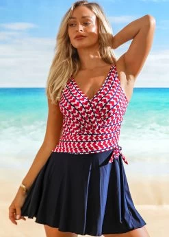 Heart Print Tie Side Swimdress And Shorts -Modlily 265994 P 16173405059064