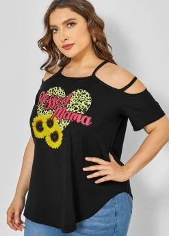 Plus Size Strappy Cold Shoulder Sunflower Print T Shirt -Modlily 266058 P 16182887372022