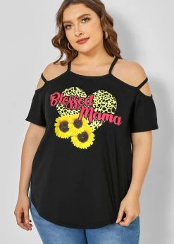 Plus Size Strappy Cold Shoulder Sunflower Print T Shirt -Modlily 266058 P 16182887374863