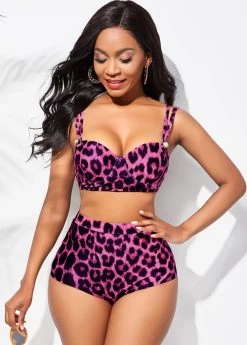 Leopard Print High Waisted Double Strap Bikini Set