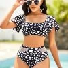 Geometric Print Lantern Sleeve Bikini Set