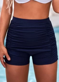Ruched High Waisted Navy Blue Swim Shorts -Modlily 266943 P 16157746071012