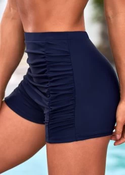Ruched High Waisted Navy Blue Swim Shorts -Modlily 266943 P 16157746079343