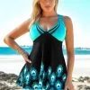 Feathers Print Criss Cross Back Spaghetti Strap Swimdress And Shorts