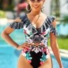 Lace Up Floral Print Flounce One Piece Swimwear