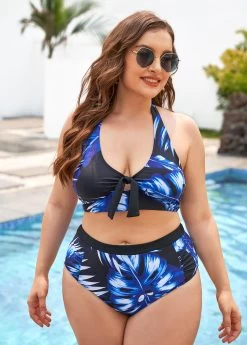 Plus Size Leaf Print High Waisted Bikini Set -Modlily 267581 P 16181947525990