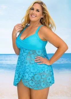 Lace Stitching Crossover Hem Plus Size Swimdress And Panty -Modlily 267604 P 16227687494412