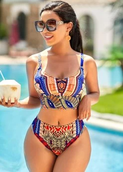 Tribal Print Lace Up Spaghetti Strap Bikini Set -Modlily 268030 P 16193194383954