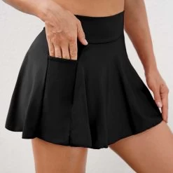 High Waisted Pocket Black Pleated Hem Swim Skirt