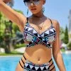 Tribal Print Mid Waist Cross Strap Bikini Set
