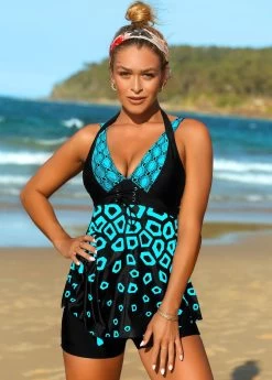 Geometric Print Lace Up Swimdress And Shorts 8 Geometric Print Lace Up Swimdress And Shorts -Modlily 268448 P 16158841593153
