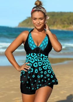 Geometric Print Lace Up Swimdress And Shorts