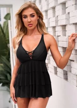 Lace Up Layered Ruffle Hem Swimdress And Panty -Modlily 269008 P 16161406580553