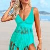 Tassel Spaghetti Strap Solid Swimdress And Panty