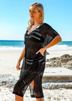 Side Slit Black V Neck Cover Up -Modlily 269157 P 16202775541893