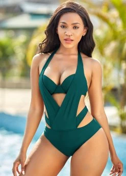 Dark Green Pierced One Piece Swimwear -Modlily 269944 P 16170863427584