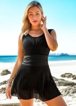 Lace Stitching Criss Cross Back Black Swimdress And Shorts 8 Lace Stitching Criss Cross Back Black Swimdress And Shorts -Modlily 270022 P 16208037354633
