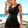 Lace Stitching Criss Cross Back Black Swimdress And Shorts