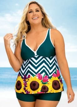 Plus Size Floral And Chevron Print Wide Strap Tankini Set -Modlily 270505 P 16225170351094