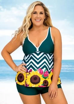 Plus Size Floral And Chevron Print Wide Strap Tankini Set -Modlily 270505 P 16225170355923