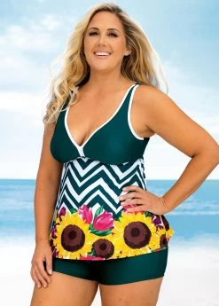 Plus Size Floral And Chevron Print Wide Strap Tankini Set -Modlily 270505 P 16225170355972