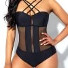 Mesh Stitching Cross Strap Tie Back One Piece Swimwear
