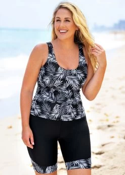 Plus Size Leaf Print Wide Strap Tankini Set