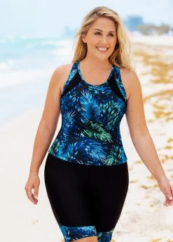 Plus Size Leaf Print High Waisted Tankini Set