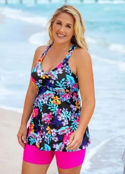 Plus Size Floral Print Cross Strap Tankini Set 9 Plus Size Floral Print Cross Strap Tankini Set -Modlily 271060 P 16206979600494