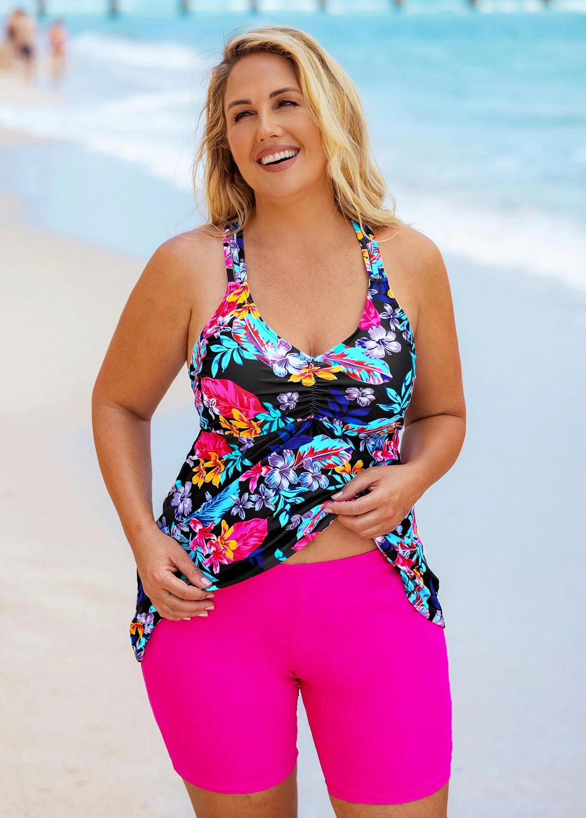 Plus Size Floral Print Cross Strap Tankini Set 4 Plus Size Floral Print Cross Strap Tankini Set - Image 4