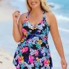 Plus Size Floral Print Cross Strap Tankini Set