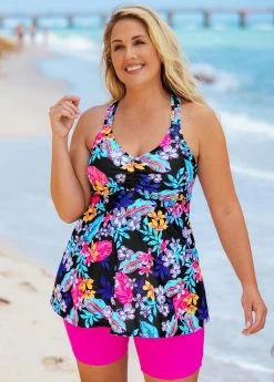 Plus Size Floral Print Cross Strap Tankini Set