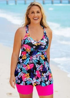 Plus Size Floral Print Cross Strap Tankini Set 7 Plus Size Floral Print Cross Strap Tankini Set -Modlily 271060 P 16206979605862