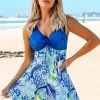 Mesh Stitching Wide Strap Printed Swimdress And Shorts