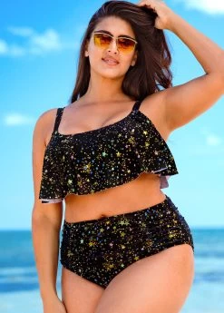 Plus Size Hot Stamping High Waisted Bikini Set