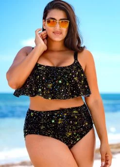 Plus Size Hot Stamping High Waisted Bikini Set -Modlily 271496 P 16230541328372